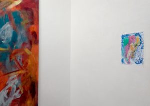 Jürgen Tetzlaff, links: »Lush«, 2017, Öl auf LW, 200 x 150 cm. Rechts: »Abschnittsweise«, 2011, Buntstift, Kugelschreiber, Wasserfarben auf Papier, DIN A4